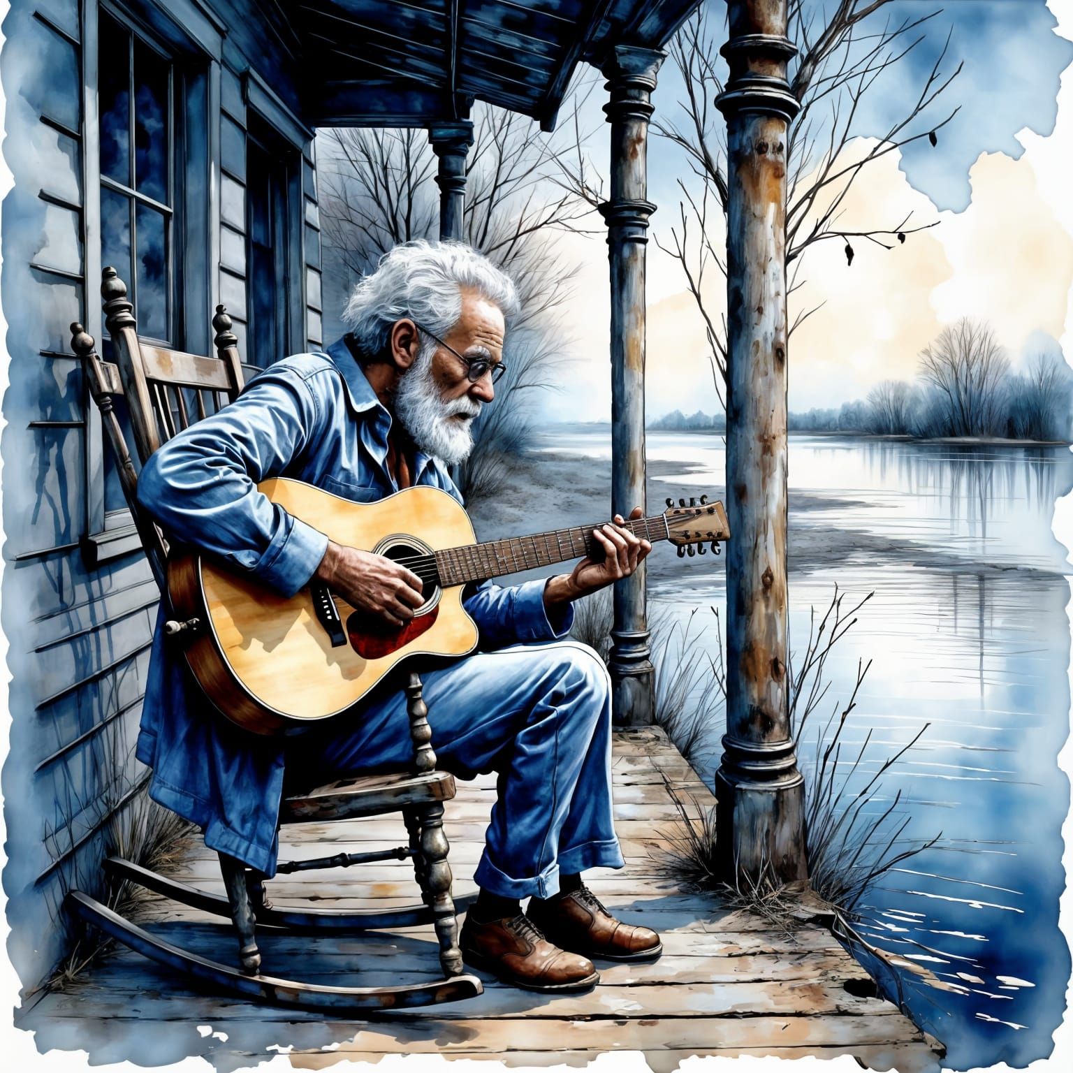 Blues Guitarist on Veranda in Scriptol Style