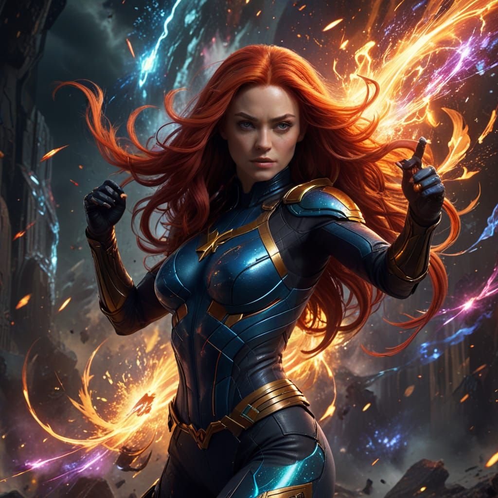 Jean Grey in Vibrant Space-Nebula Fantasy Art