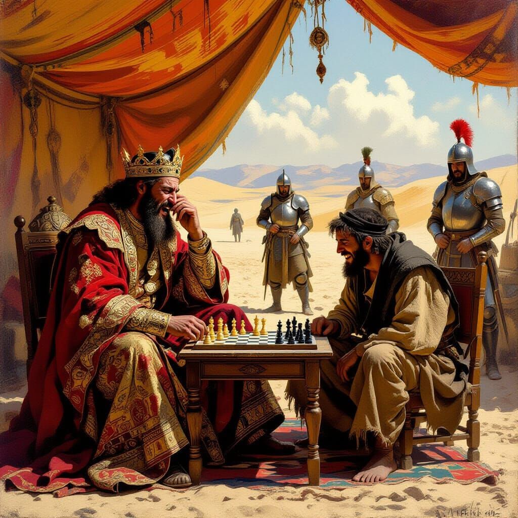 King and Peasant Play Chess Under Desert Tent