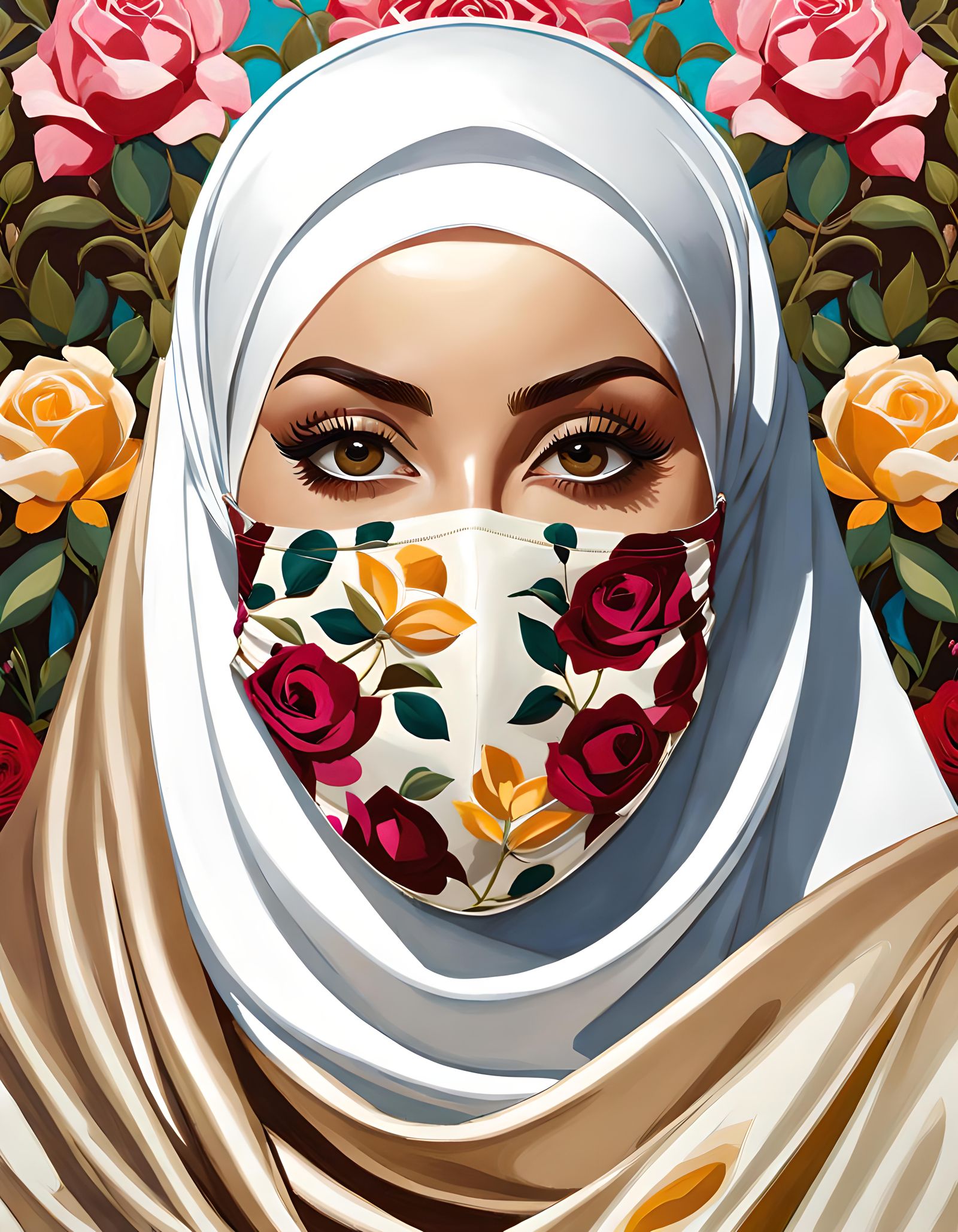 Mosaic Portrait of Hijabi Woman in Rose Garden