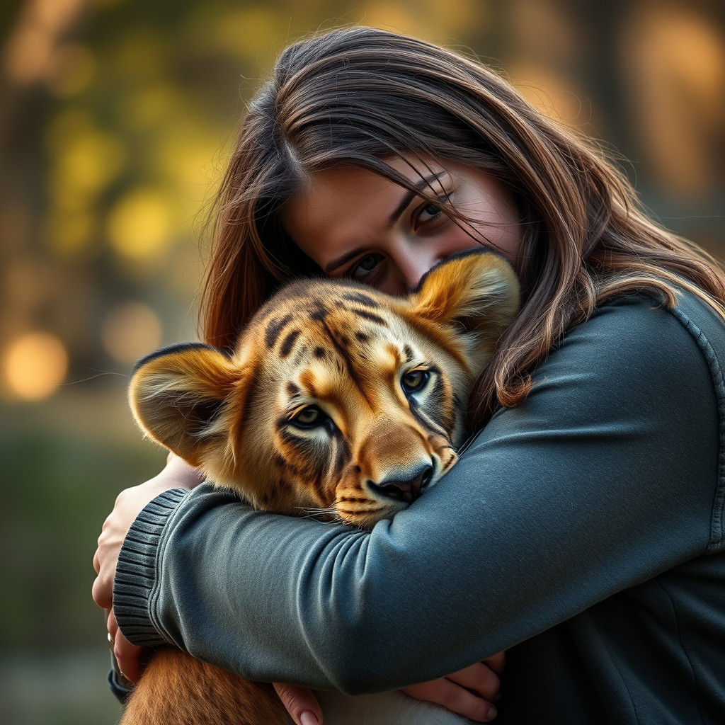 Woman Hugs Lion Cub: Professional Photography