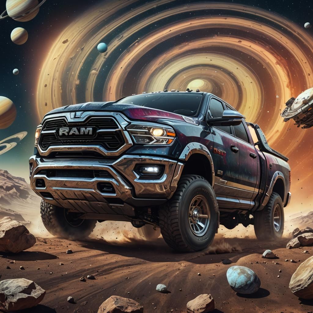 Ram Truck Orbiting Saturn in Hyperrealistic Style