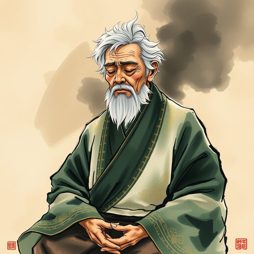 Elderly Asian Master Meditating in Traditional Chinese Art S...