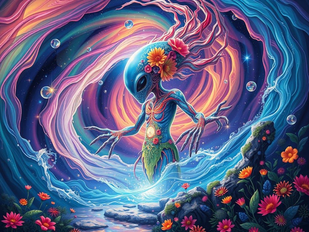 Surreal Cosmic Being Adorned with Vibrant Floral Patterns