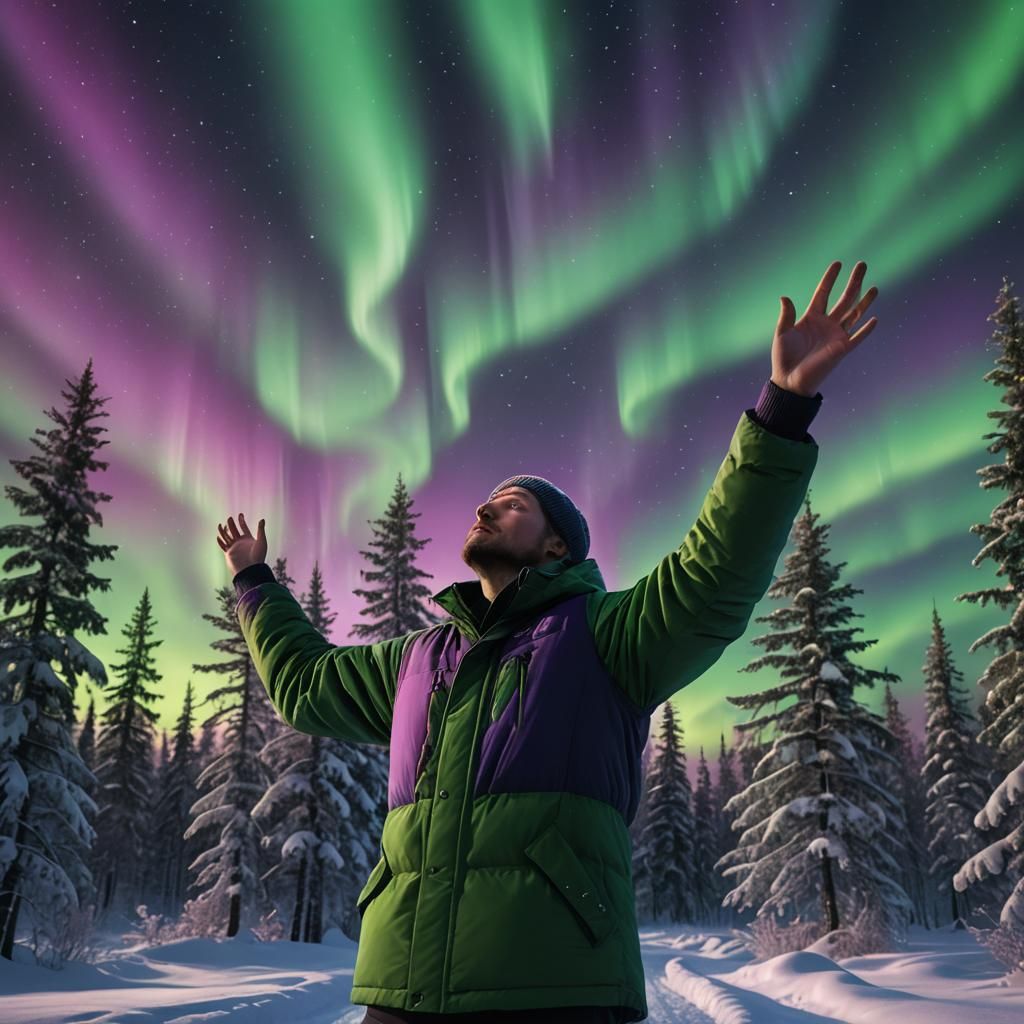 Man Touches Northern Lights: Vivid Digital Art