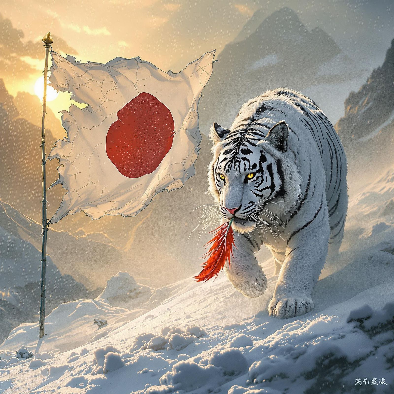 White Tiger in Snowstorm with Japanese Flag