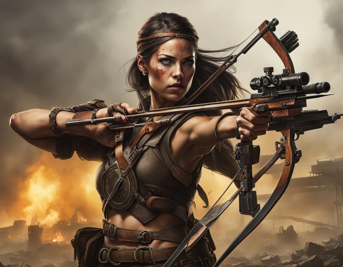 Female warrior wielding a crossbow, post-apocalyptic, Don Bluthe