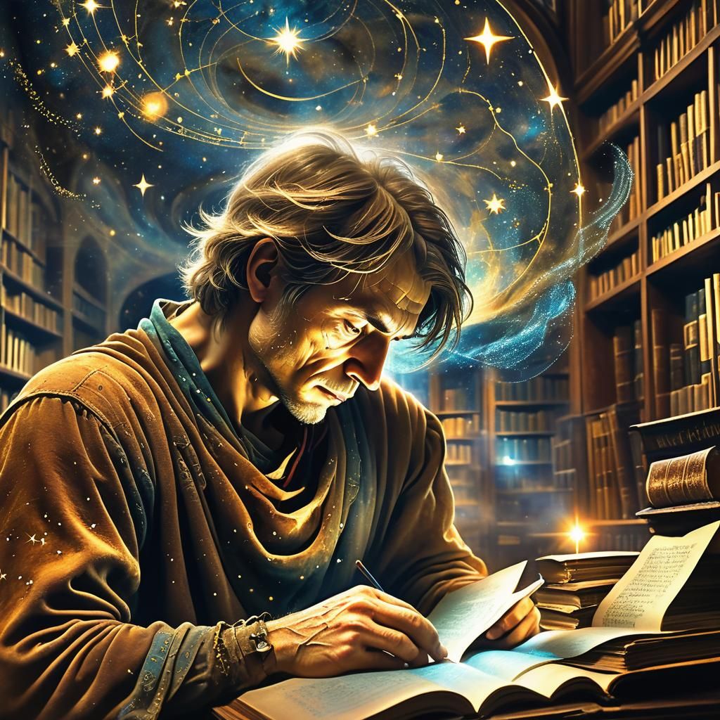 Scholar Studying Celestial Map in Surreal Digital Art