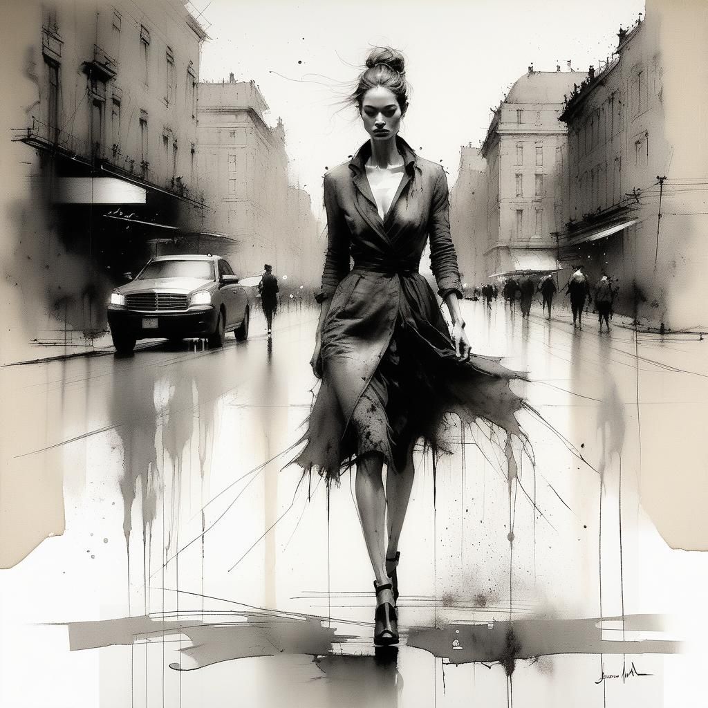 Walking Woman: Fashion Illustration in Oil Painting Style