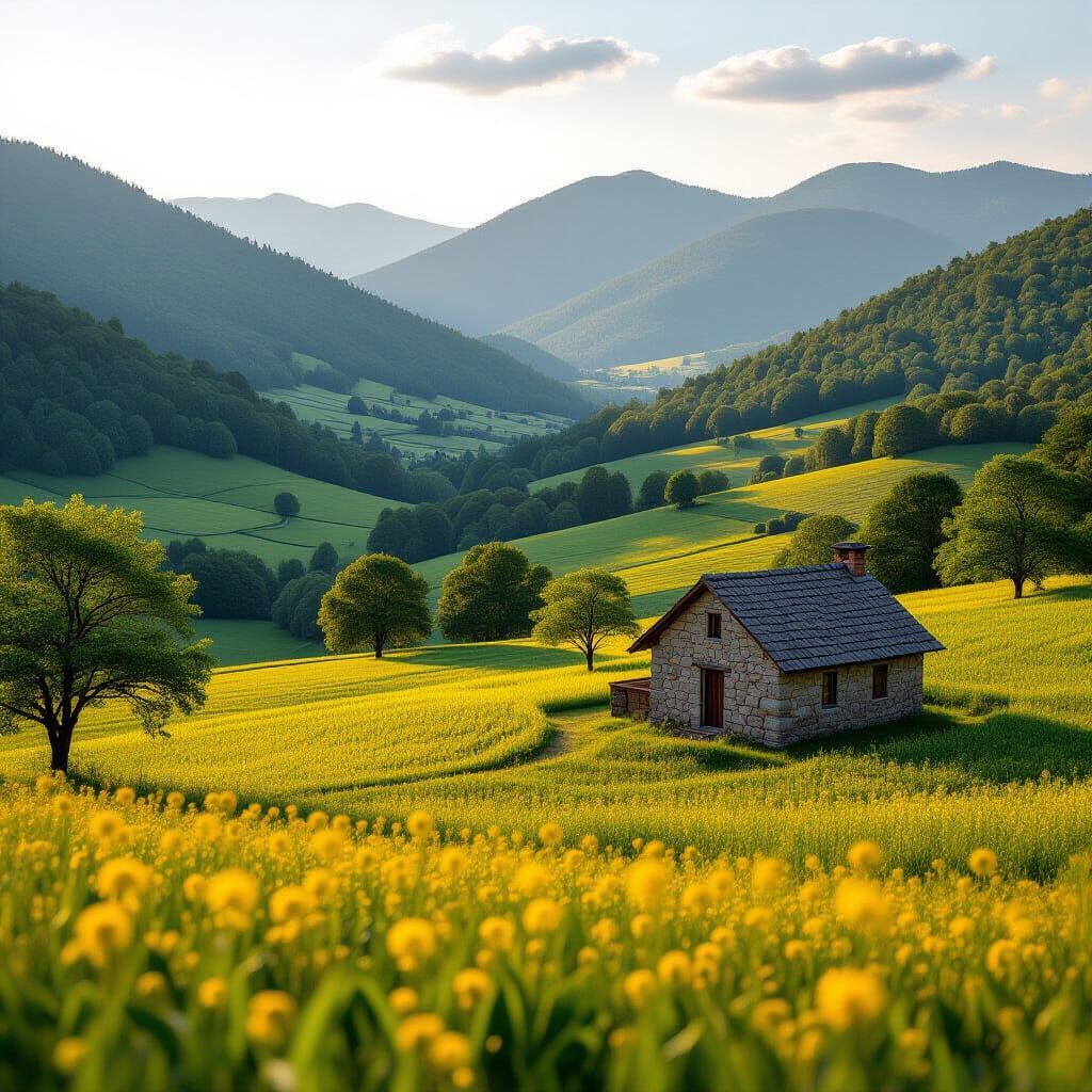 Lush Valley Stone House in Soft Natural Light