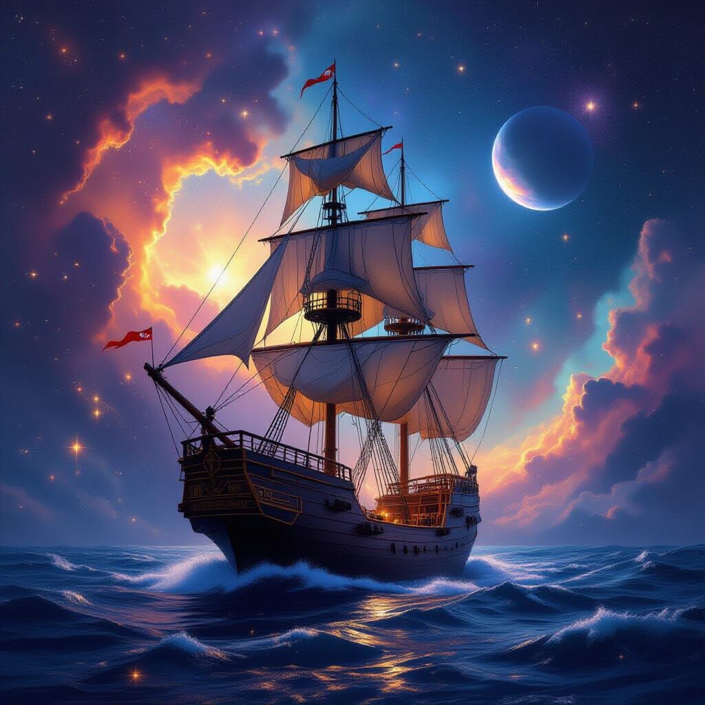 Majestic Tall Ship Navigates Cosmic Nebula