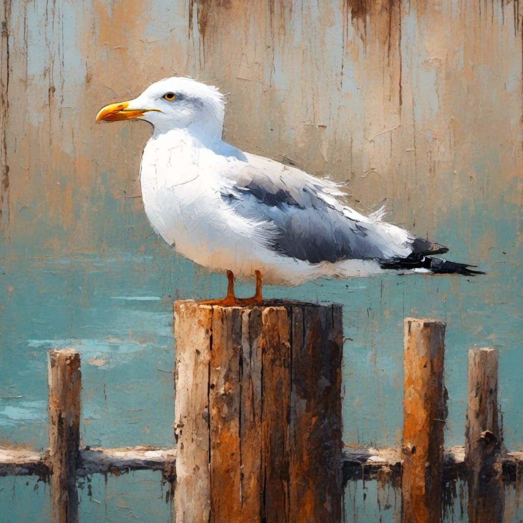 Seagull Street Art Portrait on Dock Post