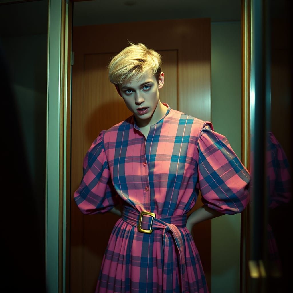 Masculine Man in Babydoll Dress: Cinematic Film Still