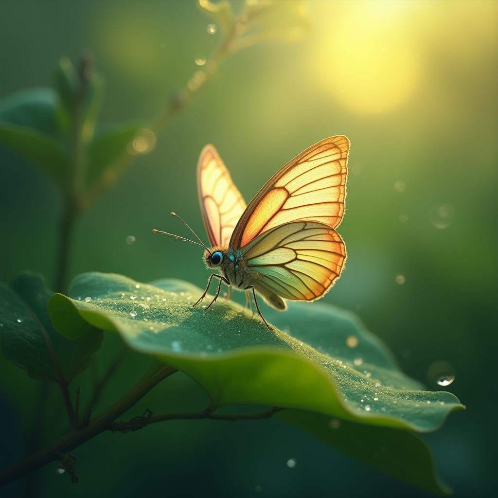 Ethereal Butterfly on Emerald Leaf in Whimsical Style