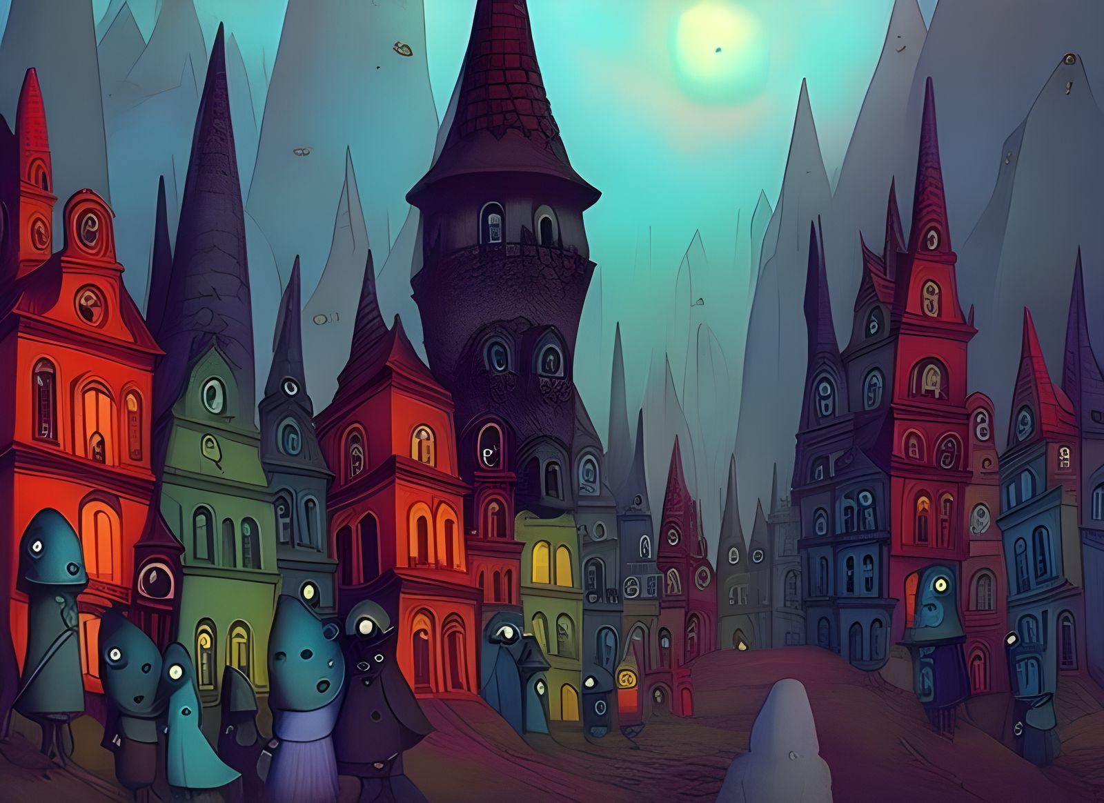 Joyful Goblins Lost in Colorful City, Surreal Folk Art