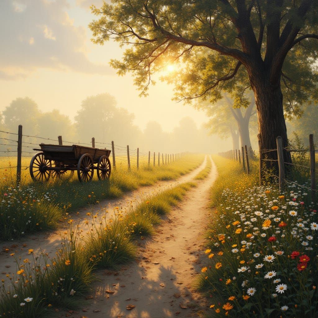 <lora:Brushed Oils:1.0> sun-drenched country path, leading t...