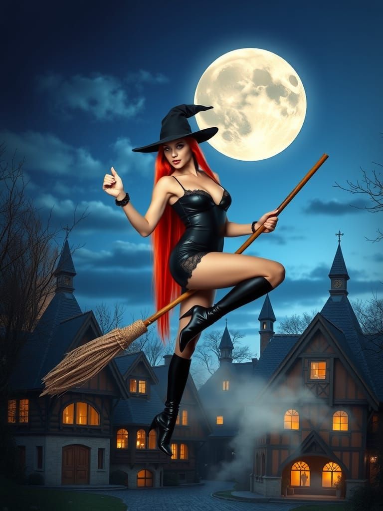 A striking scene unfolds with an elegant witch with very lon...
