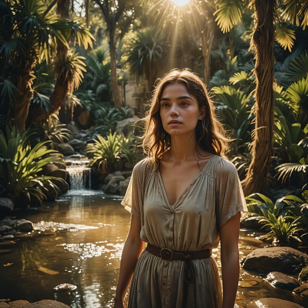 Dreamy Oasis Scene with Golden Sunset Light