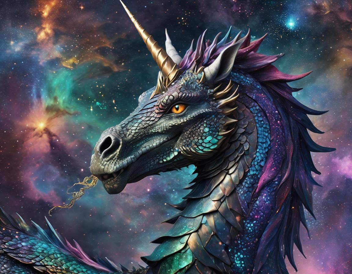 Cosmic Dragon Unicorn in Art Nouveau Style