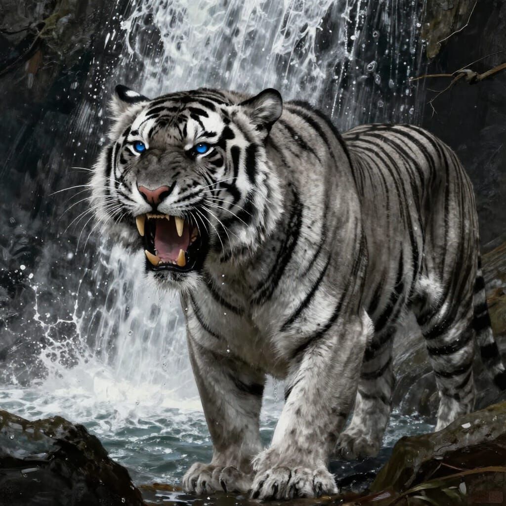 Fierce Tiger Roaring Behind Cascading Waterfall
