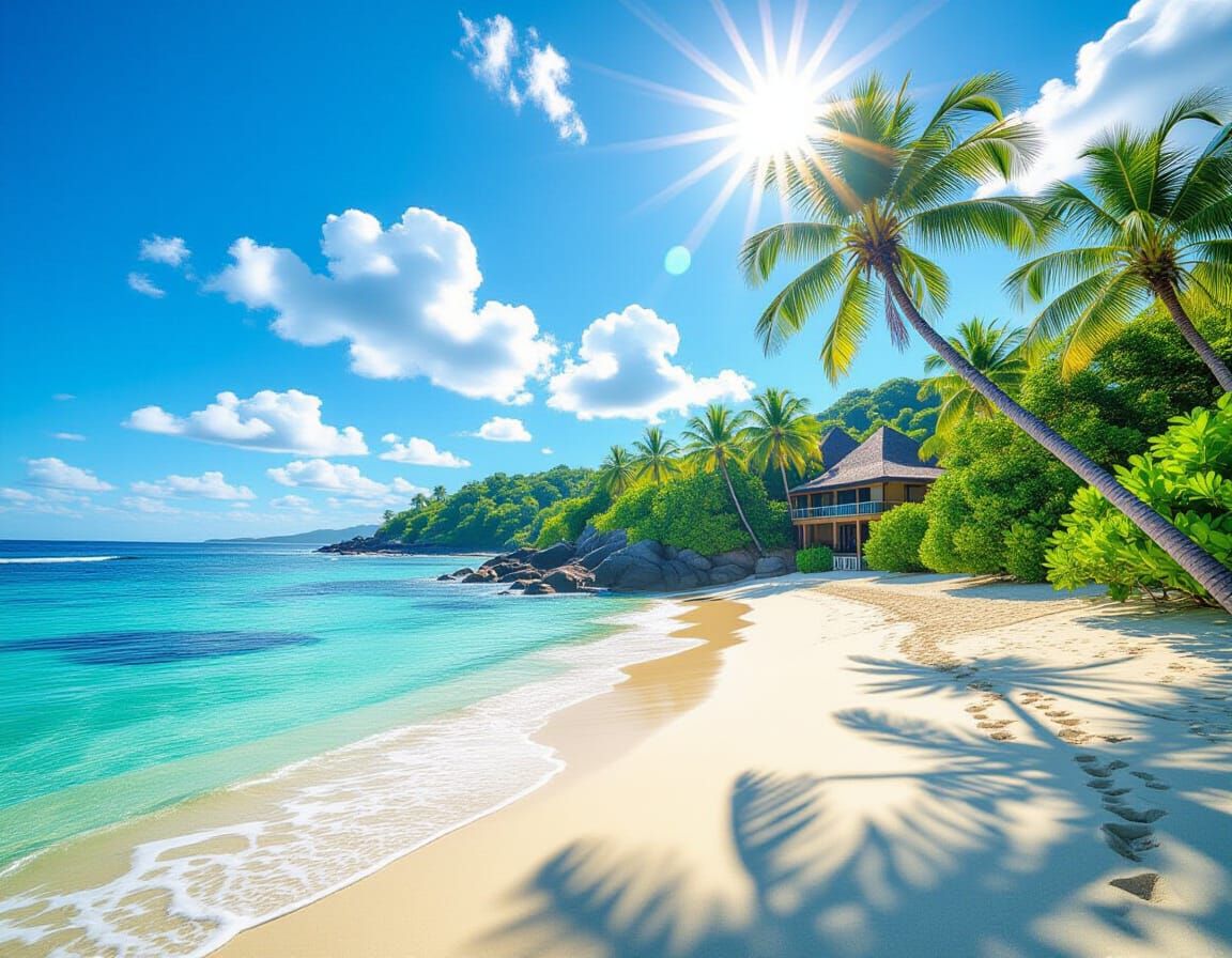 Serene Beachfront Paradise with Tropical Resort and Sun Flar...