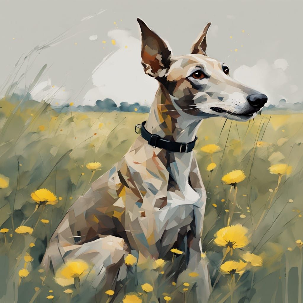 Greyhound in a Field of Dandelions, Watercolor Portrait