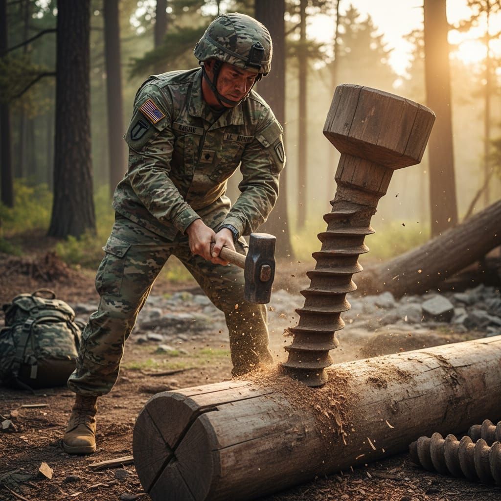 Soldier Hammers Giant Screw