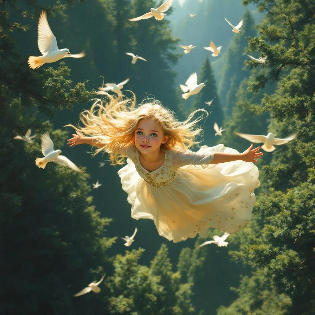Surrealist Girl Takes Flight in Whimsical Landscape