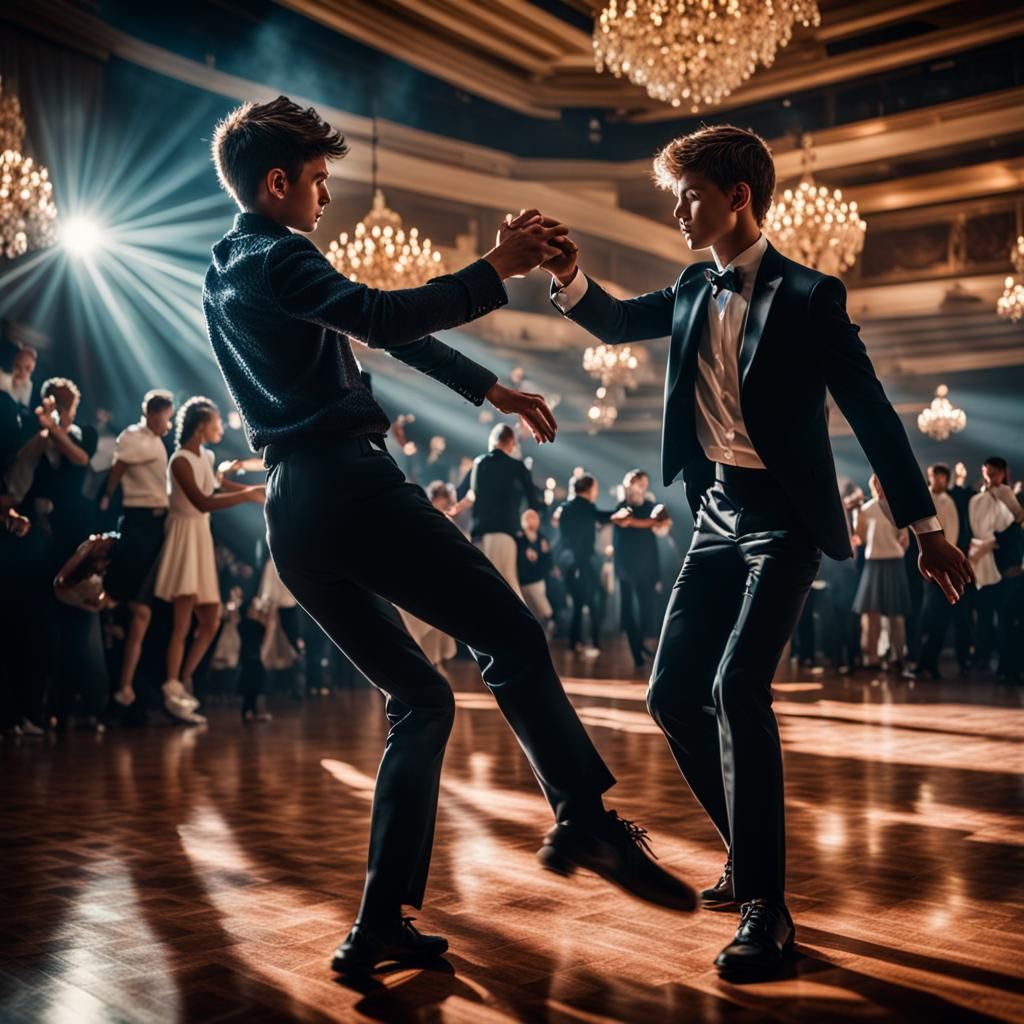 Teenage Boys Dancing in Glass Ballroom