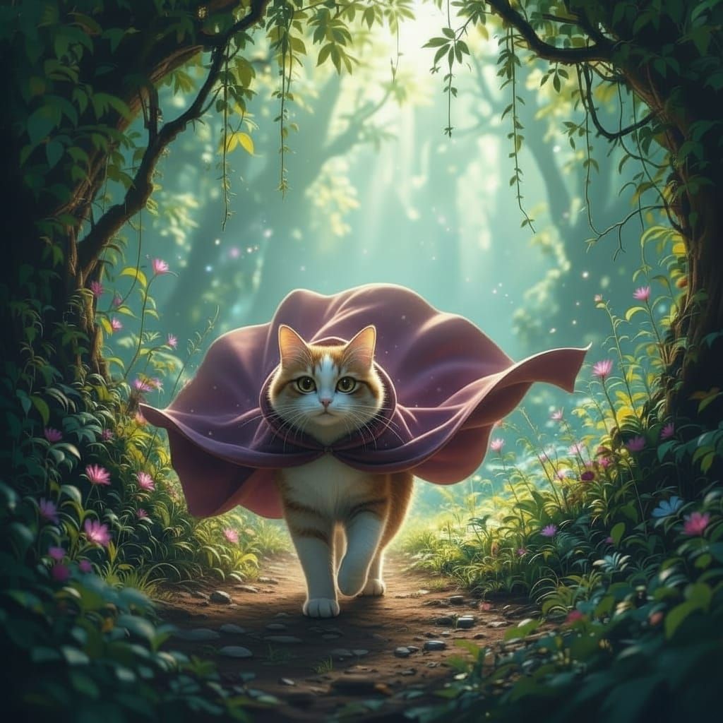 Whimsical Cat at Iridescent Portal in Matte Painting