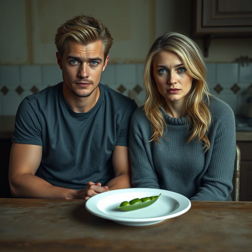 Despair in a Faded Home, Couple Seated in a Starving Kitchen