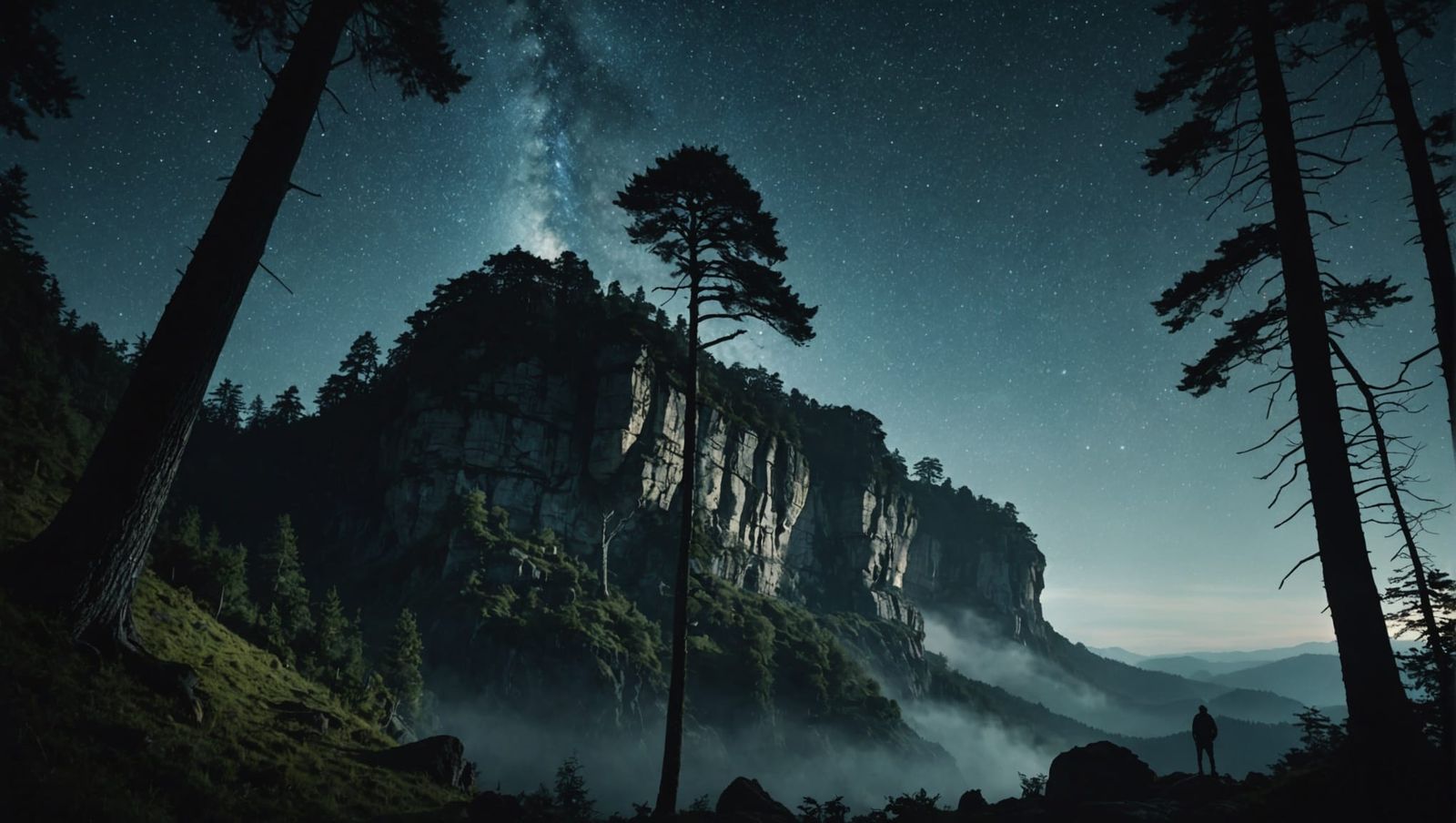 Mystical Forest Under Starry Sky: Double Exposure Photograph...