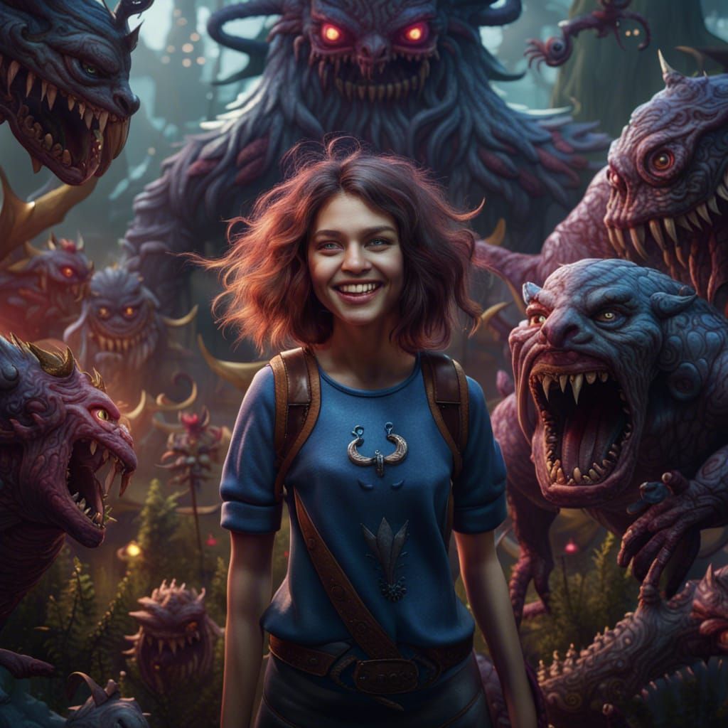Smiling Girl Surrounded by Monsters in Detailed Matte Painti...