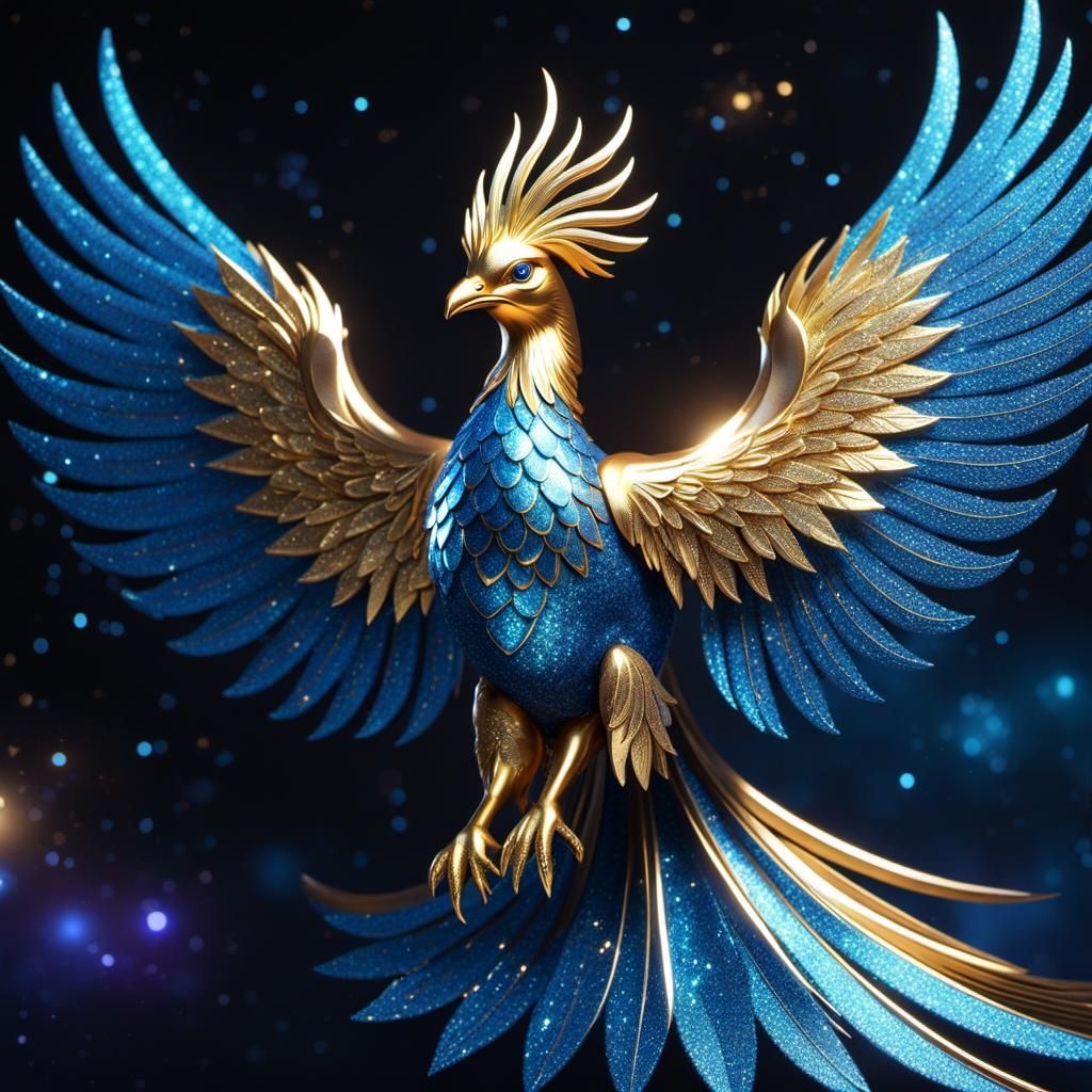 Glowy Blue and Gold Metal Phoenix in Astral Light
