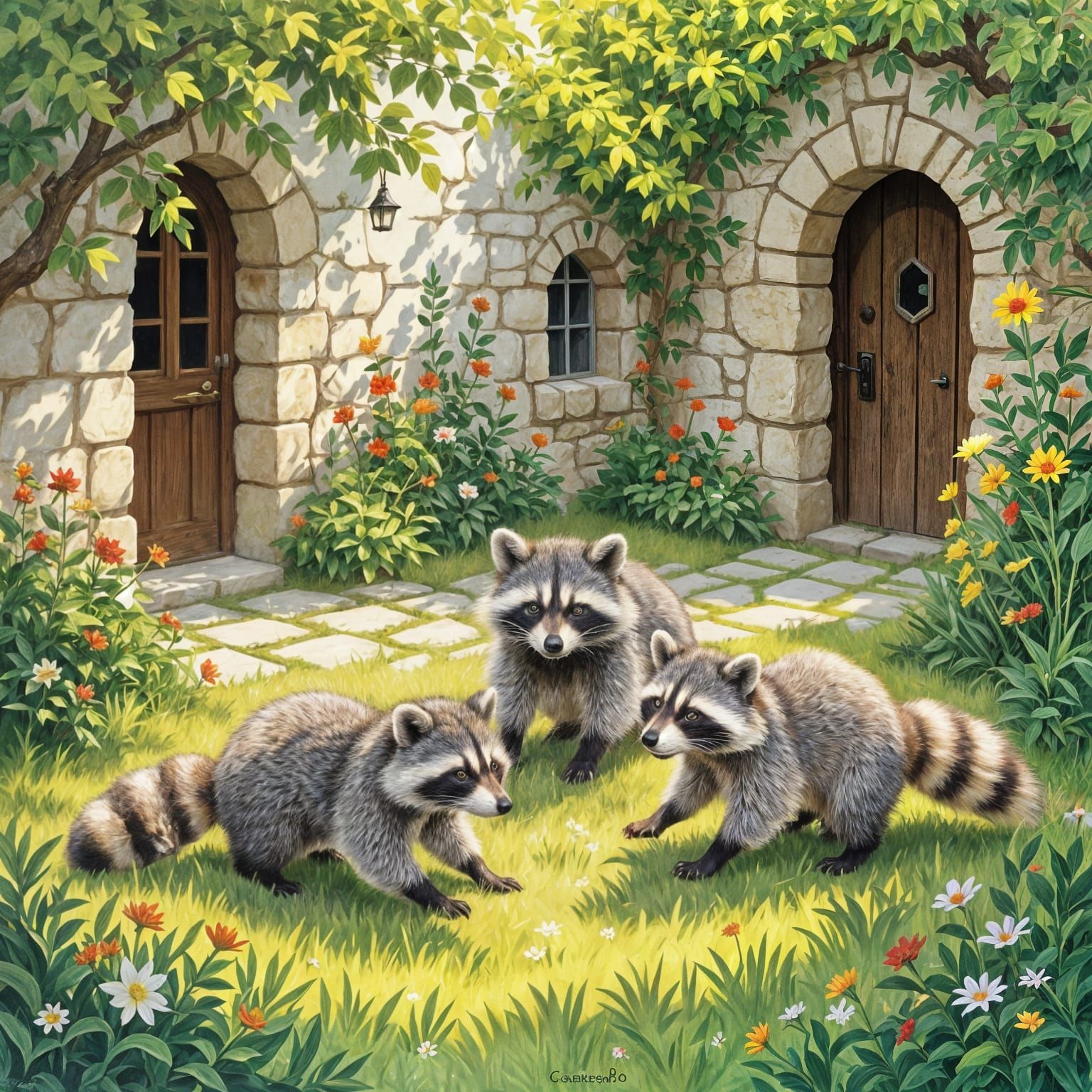 Three Raccoons Play in a Courtyard
