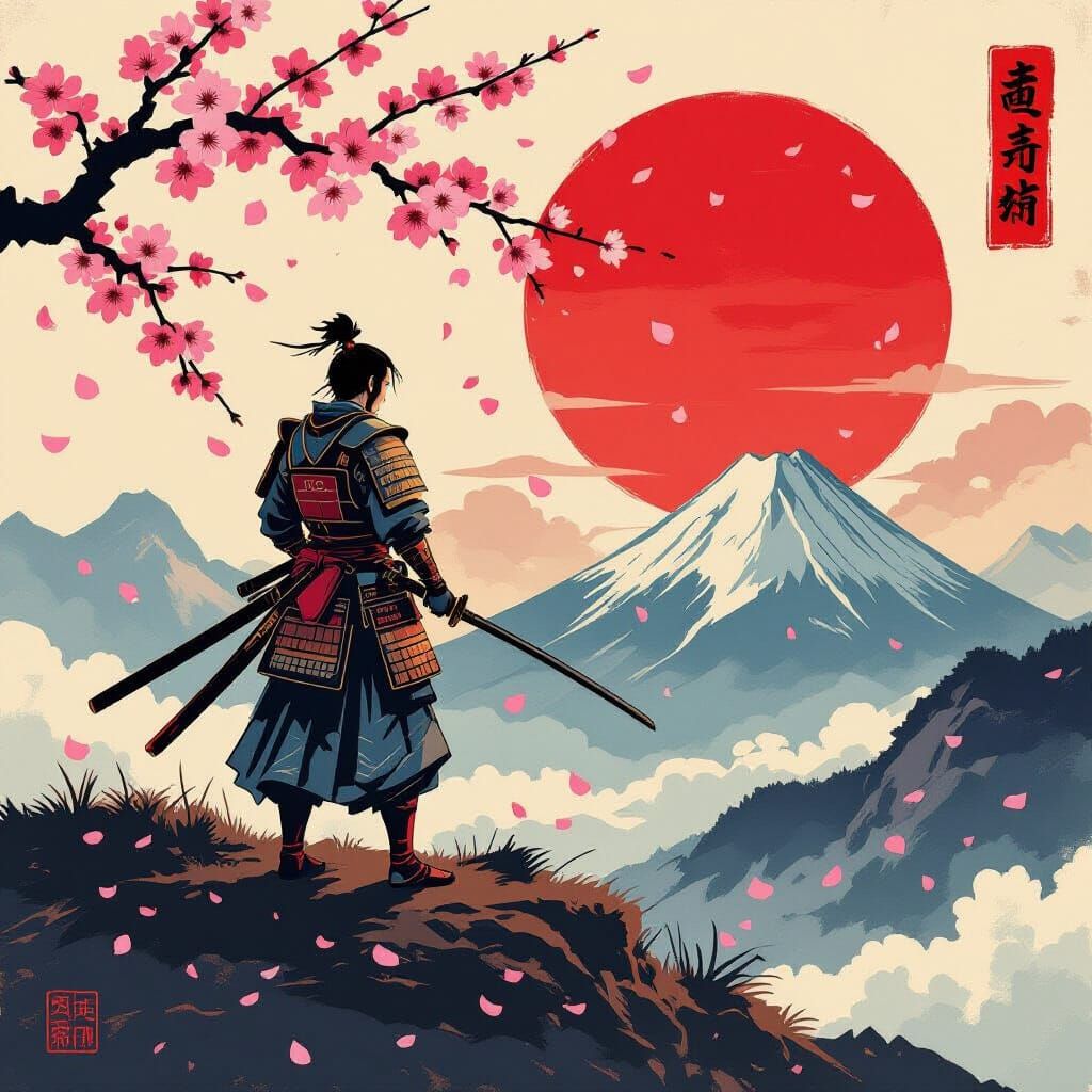 Lone Samurai Warrior at Sunset in Woodblock Print Style