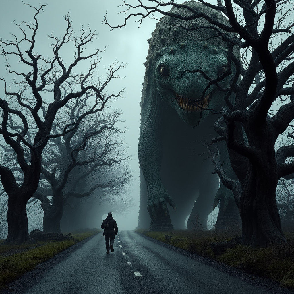 Moss-Covered Sea Monster stalks Desolate Road