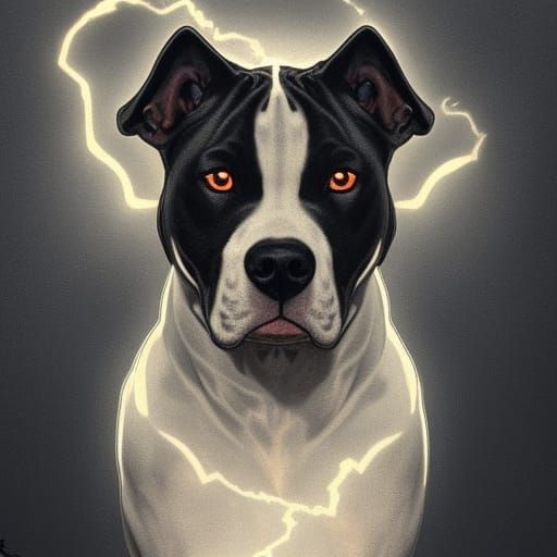 White and black pitbull with lightning bolts