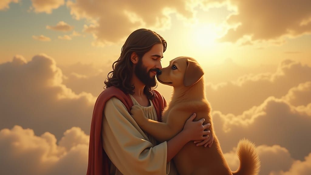 Jesus and Dog Embrace Under Godrays