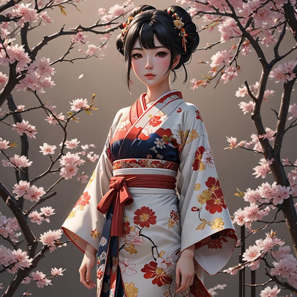 Anime Girl in Kimono, 3D Rendered Art