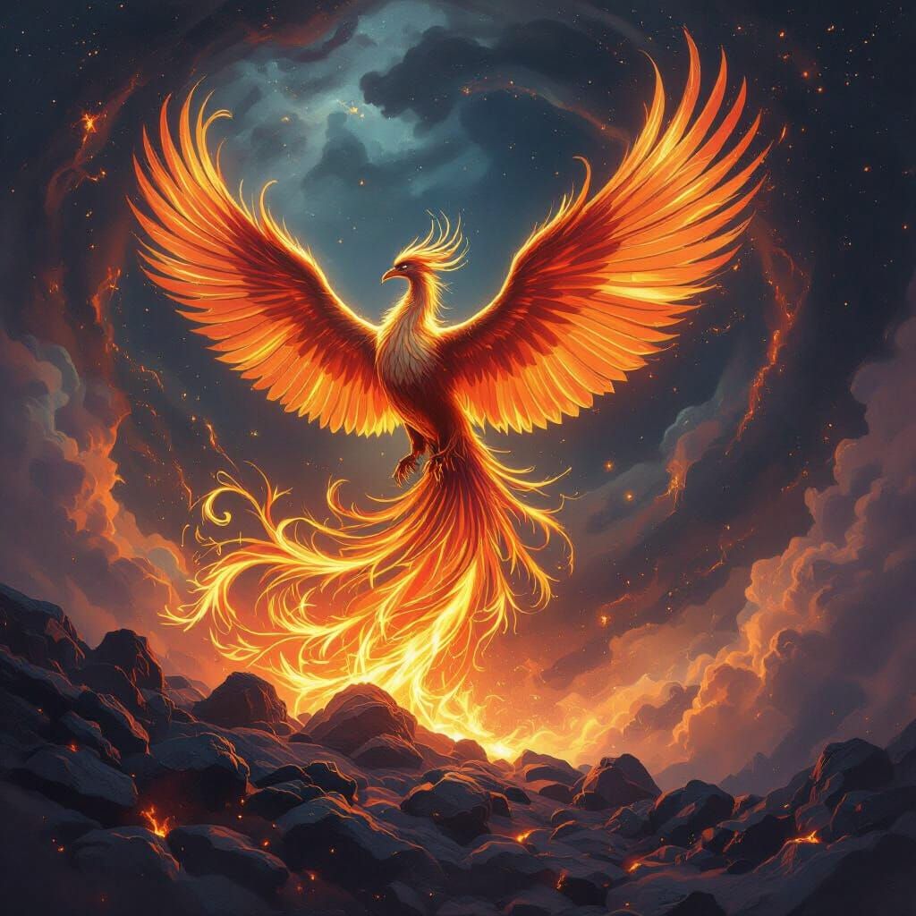 Phoenix Rising: Iridescent Feathers in Cosmic Firestorm