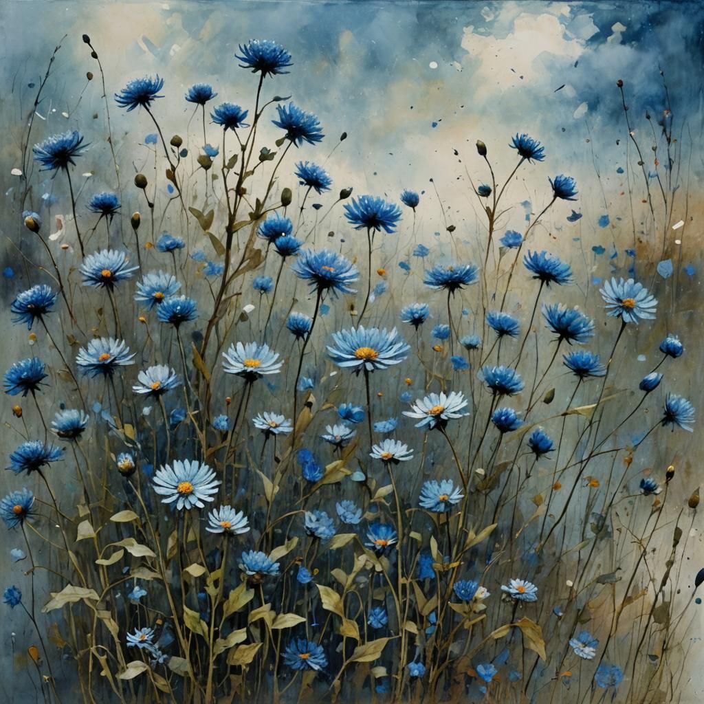 Blue Asters Bending: An Intricate Floral Windscape