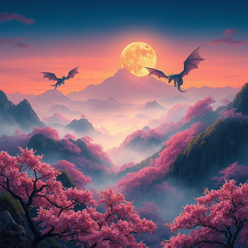 Sakura-Blanketed Mountains in Breathtaking Dual Sunset and M...