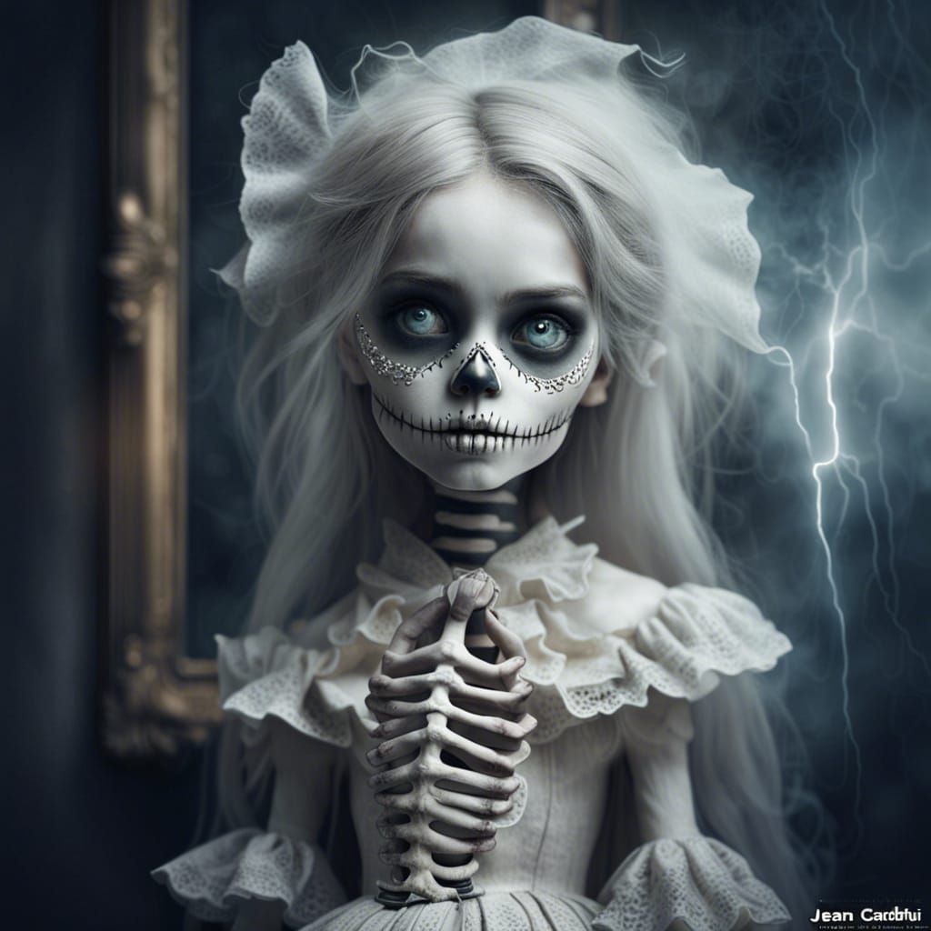 Cute Skeleton-Ghost Girl in Victorian House