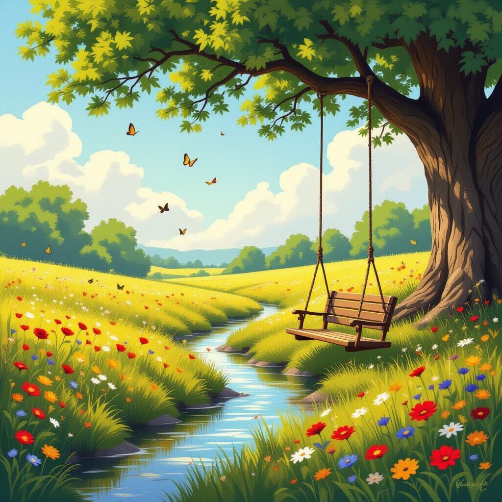 Peaceful Meadow with Wildflowers and a Stream in Digital Pai...