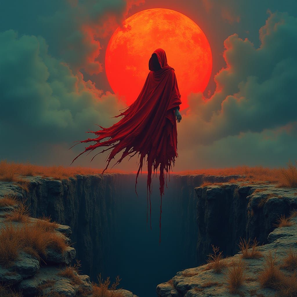 Red-Robed Figure Above Abyss in 1970s Lithograph Style