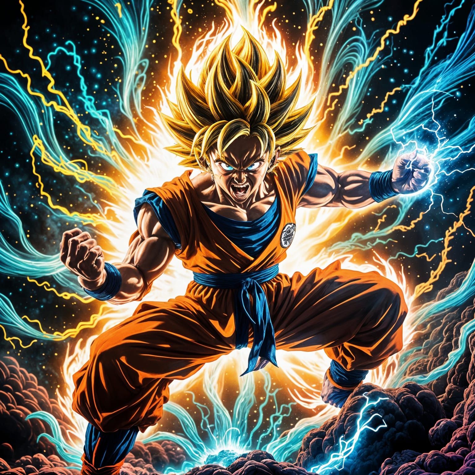 Crazy_Black_light_art, use only black and uv_reactive colors, psychedelic_atmosphere, Goku charging energy, macrolens_bo...