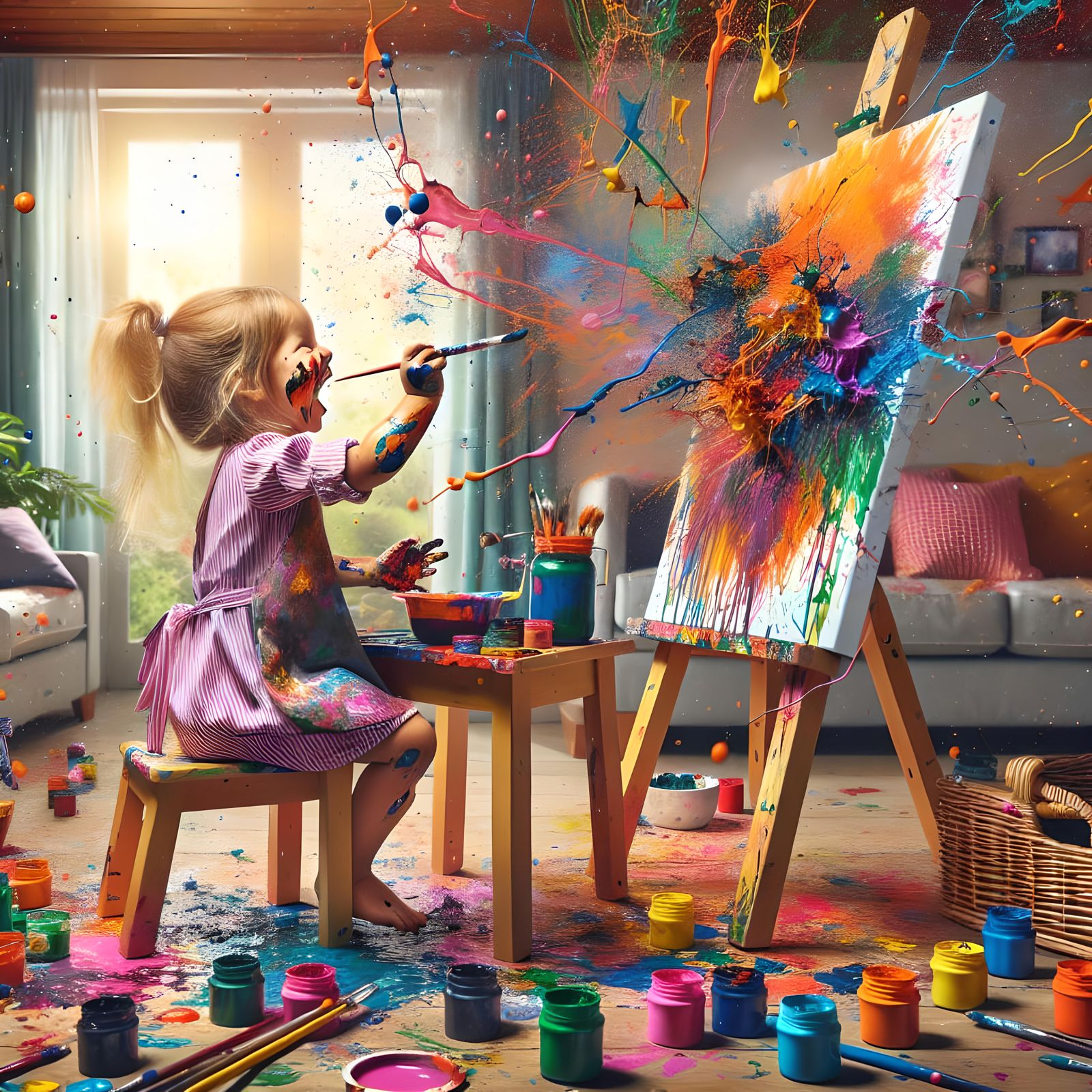 Humorous Painting of a Toddler's Colorful Chaos