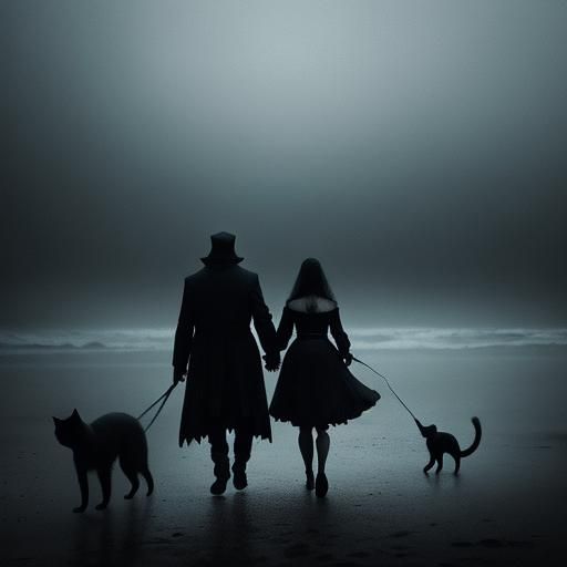 Romantic Beach Scene in Dark Surrealist Style