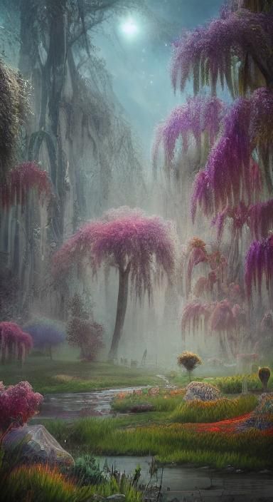 Mystical Grassy Knoll with Rainbow in Ethereal Fantasy Art